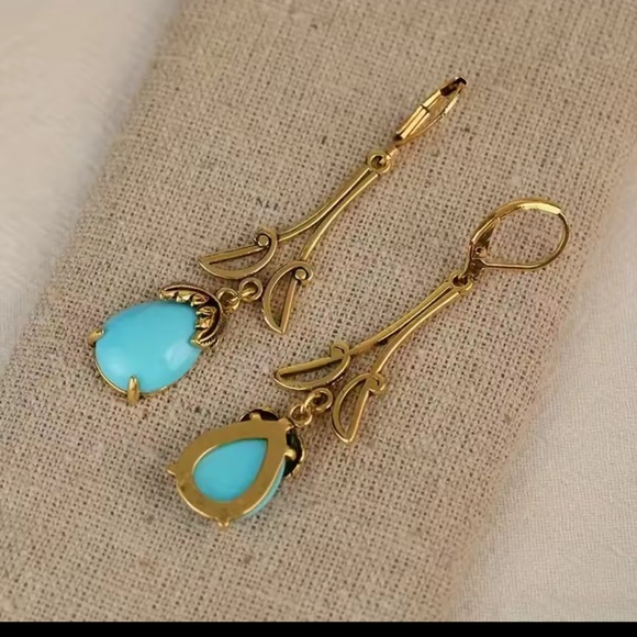 Gold-Tone Drop Earrings with Turquoise Teardrops — Women's Jewelry - Picture 5 of 5